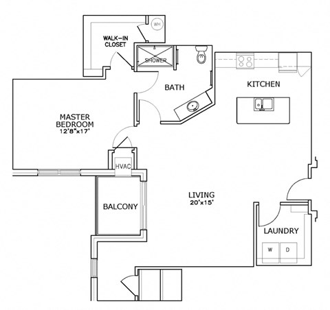 Floor plan for 1 bed, 1 bath, 1077 sqft